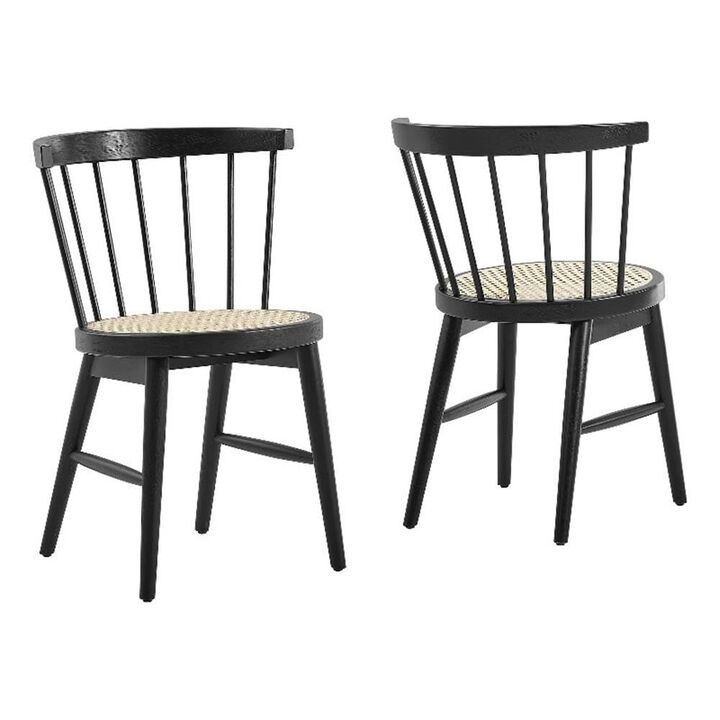 Modway Lykke Spindle Back Dining Chairs in Black with Cane Seats &ndash; Modern Windsor Rattan Set of 2 Dining Chairs for Kitchen or Dining Room &ndash; Curved Back Accent Chair Set