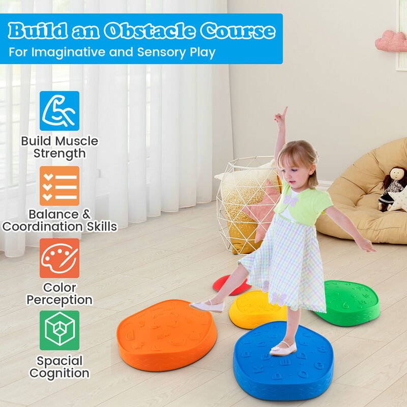 Kids Stepping Stones 5 Piece Round Stackable Indoor Outdoor Balance Blocks-Multicolor image number 3