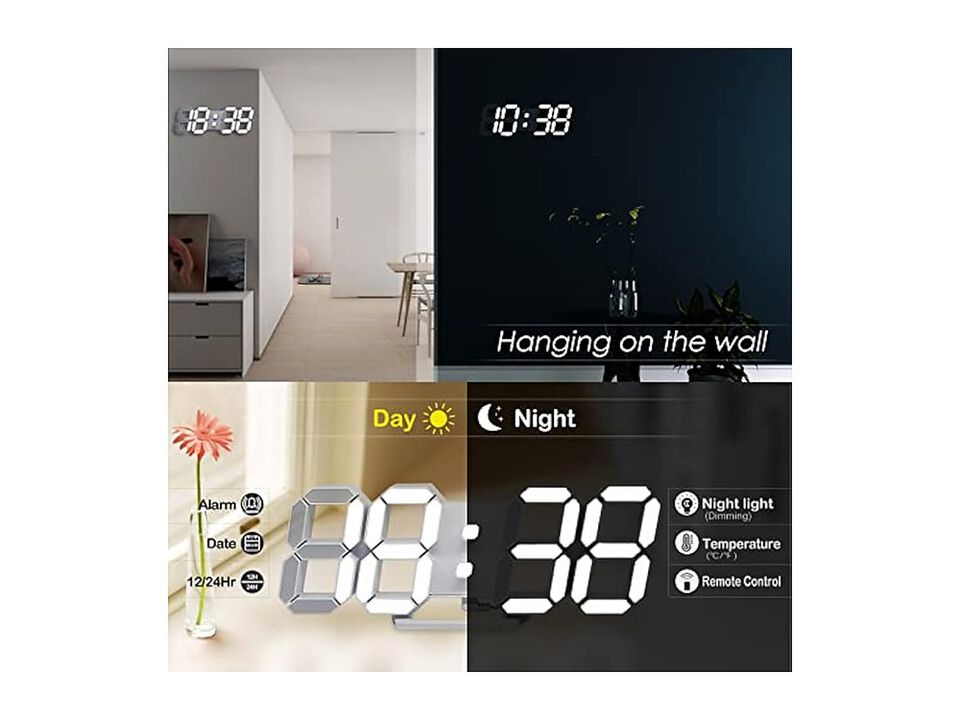 LED Digital Display Table Desk Remote Wall Clock 7 Inch White Home Decor