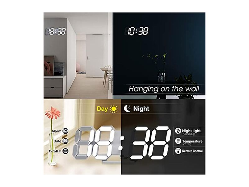 LED Digital Display Table Desk Remote Wall Clock 7 Inch White Home Decor image number 1