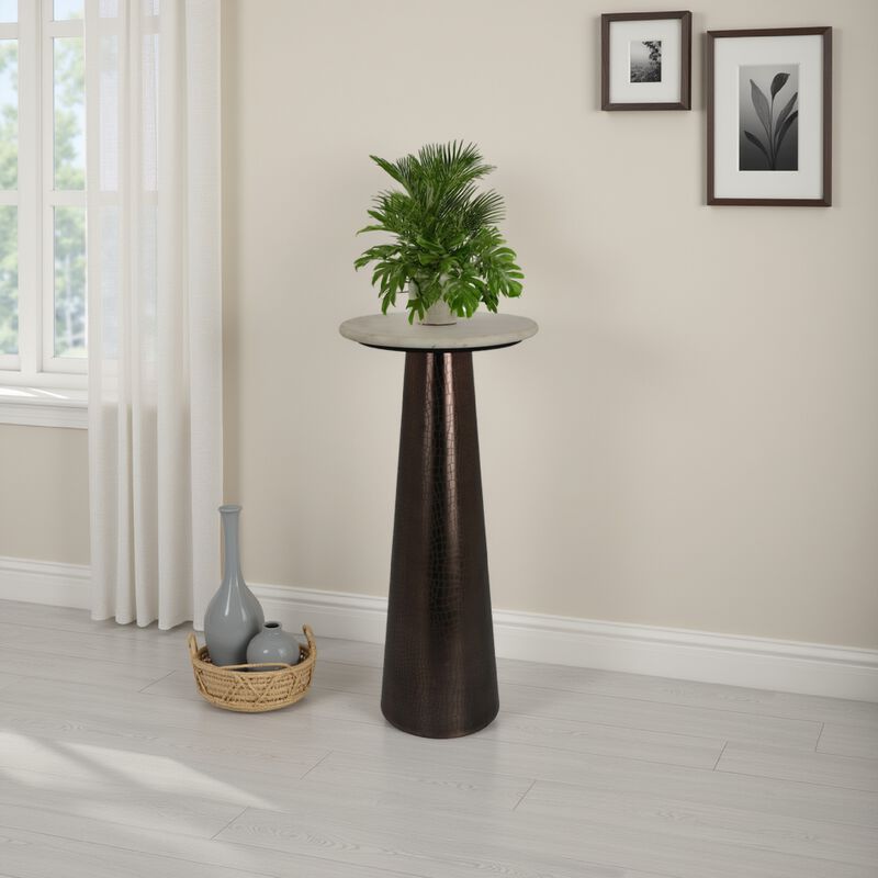Plant Stand Accent Table, Bronze Metal, Round Gray Marble Top, 26 Inch - Benzara