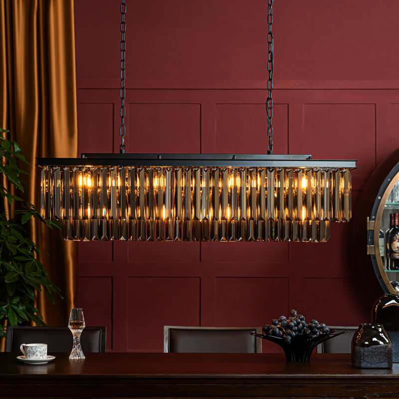 12-Light Modern Luxury Rectangular Fring Crystal Chandelier 49&rdquo; Black Linear Pendant Light with Smoked Crystals for Kitchen Island, Dining Room image number 3