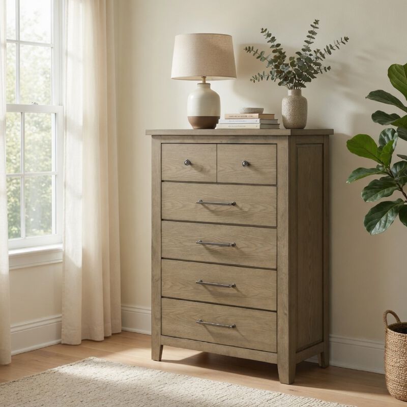 Hazel Tall Dresser Chest, 5 Drawers, Antique Nickel Metal, Oak Brown Wood image number 8