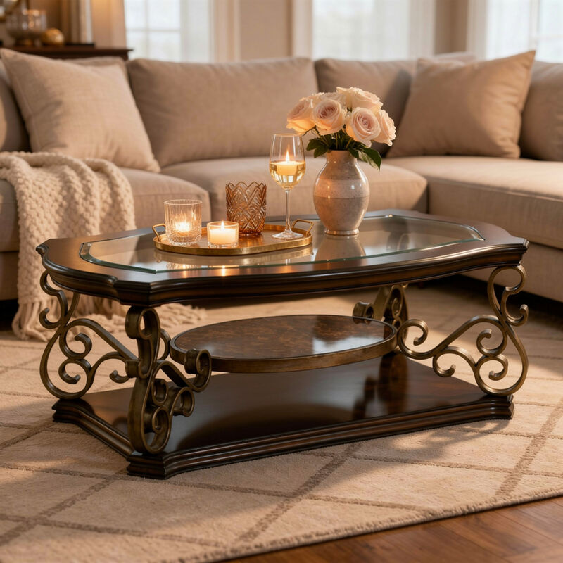 Cocktail Table with Glass Top and Scroll Accent, Brown image number 7