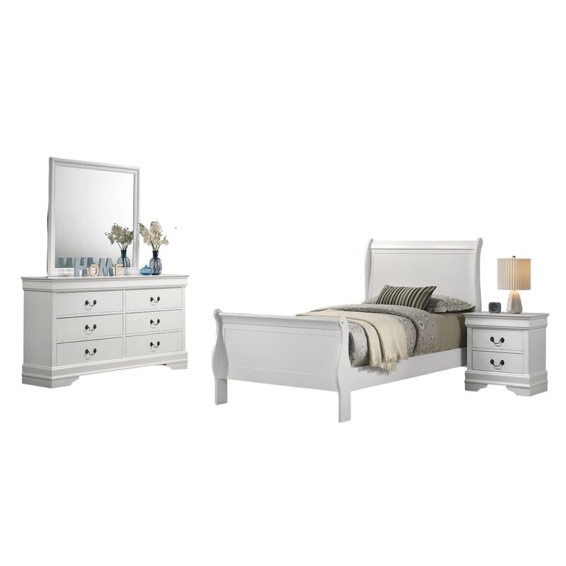 Nim 4pc Twin Size Bedroom Set, Dresser, Modern White Sleigh Headboard - Benzara