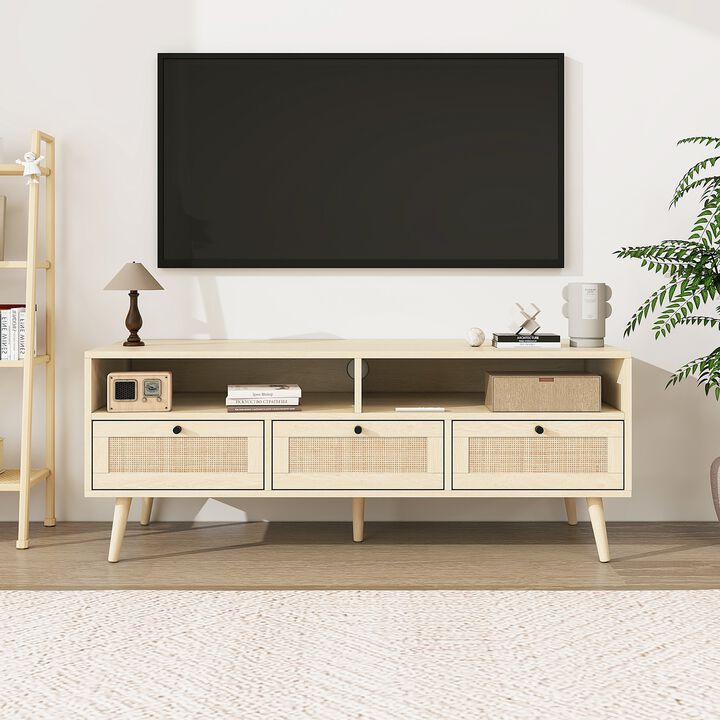 MONDAWE Rattan TV Stand with Solid Wood Feet, Entertainment Center with Storage and Shelf, Wood TV Media Console Table for Living Room Bedroom