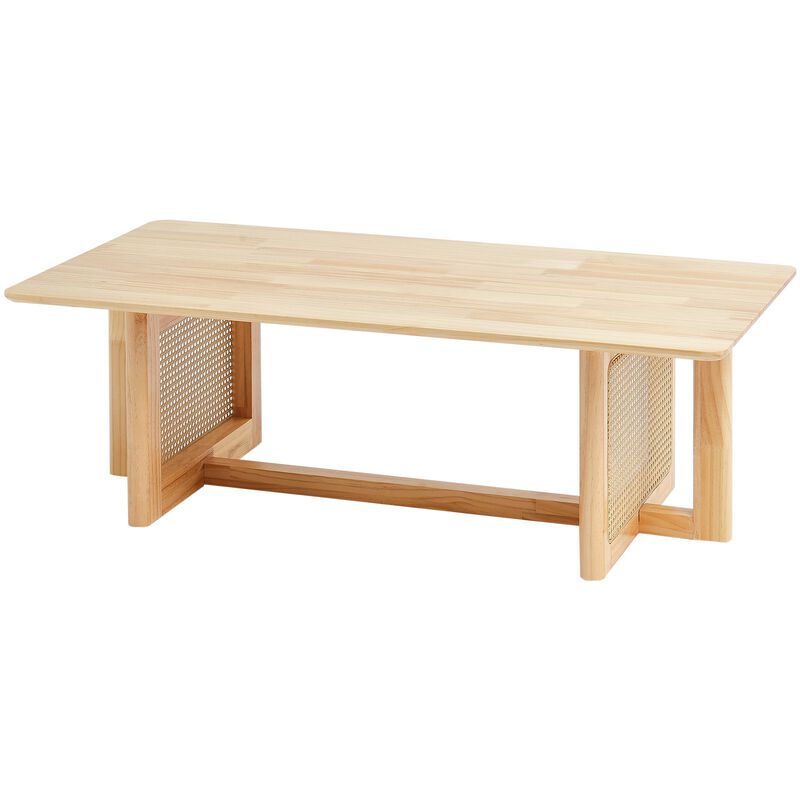 Rectangular Wood Rattan Coffee Table with Double Storage Layers, Modern Design