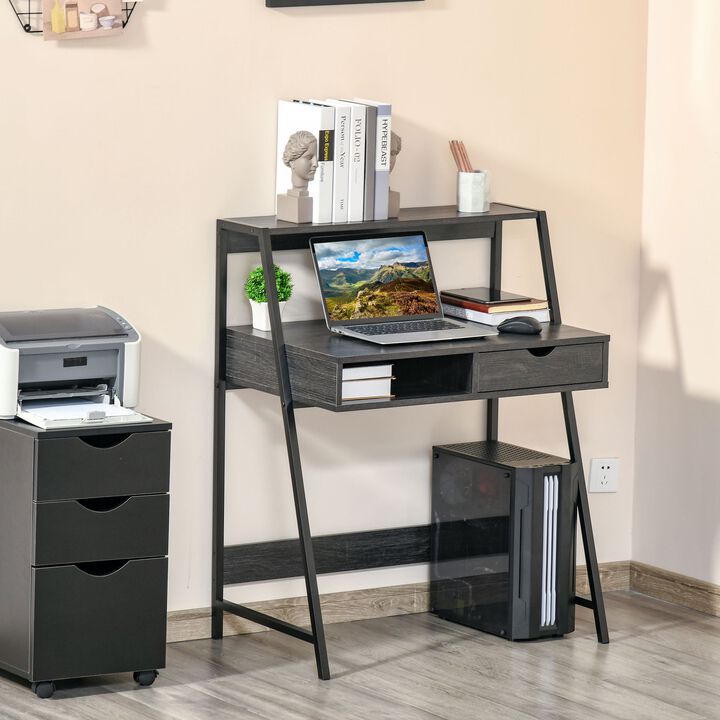 Computer Desk for Small Spaces, Study Writing Desk, Small Corner Desk with Drawer and Storage Shelves, Space Saving & Easy Assemble, Grey