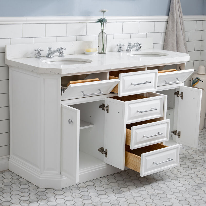 Palace 60 In. Double Sink Carrara Quartz Countertop Bath Vanity in Pure White with Chrome Hardware