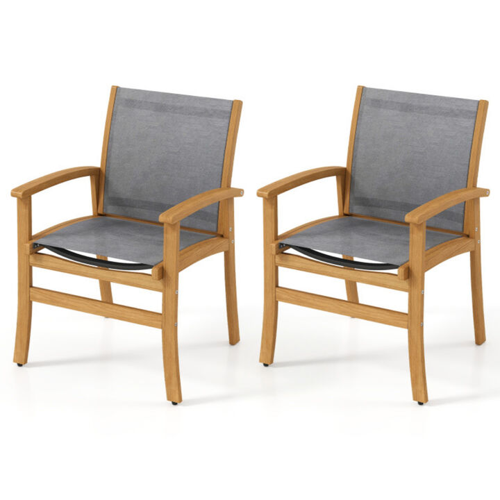 Outdoor Dining Chairs Set of 2, Breathable Fabric with Acacia Wood Frame
