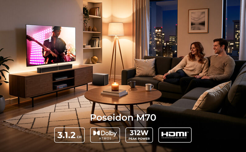 ULTIMEA Poseidon M70 3.1.2ch Dolby Atmos Sound Bar with Wireless Subwoofer,2 Up-Firing Drivers,312W Peak Power BassMX, HDMI eARC image number 1
