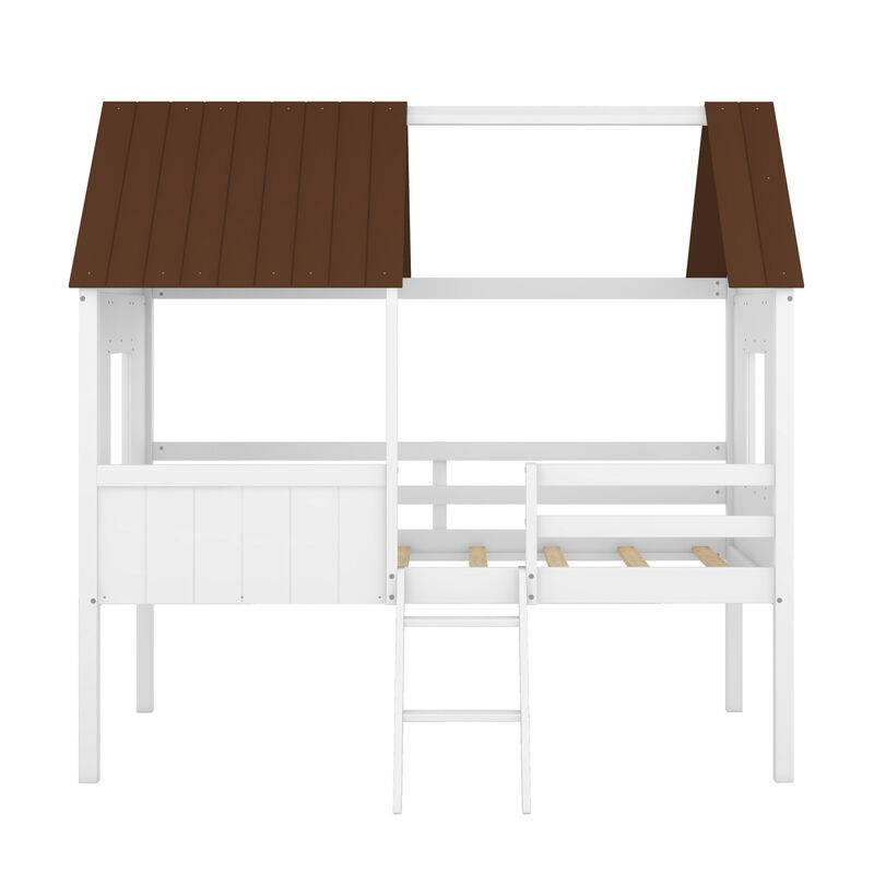 Twin Size Low Loft Wood House Bed with Two Side Windows (White+Brown)(OLD SKU: LP000037AAD)