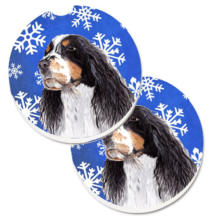 Caroline's Treasures Springer Spaniel Winter Snowflakes Holiday Set of 2 Cup Holder Car Coasters SC9361CARC, 2.56, Multicolor