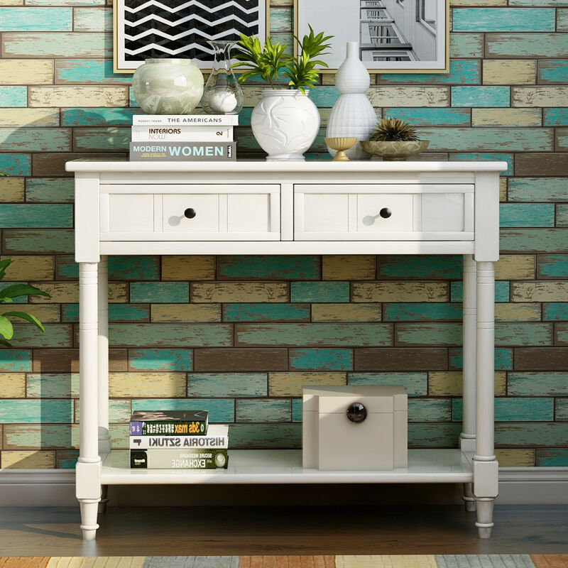 Whisen Rustic Console Table Traditional Design with Two Drawers and Bottom Shelf - Ivory White