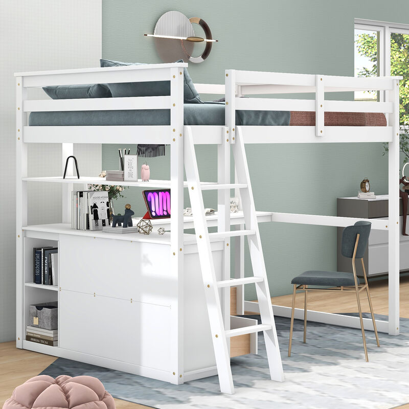 Whisen Full Size Wood Loft Bed with Desk, Shelves and Two Built-in Drawers - Gray