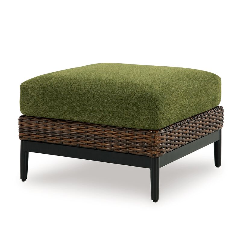 Izon Outdoor Ottoman, Brown Woven Wicker, Green Polyester, 28 Inch - Benzara