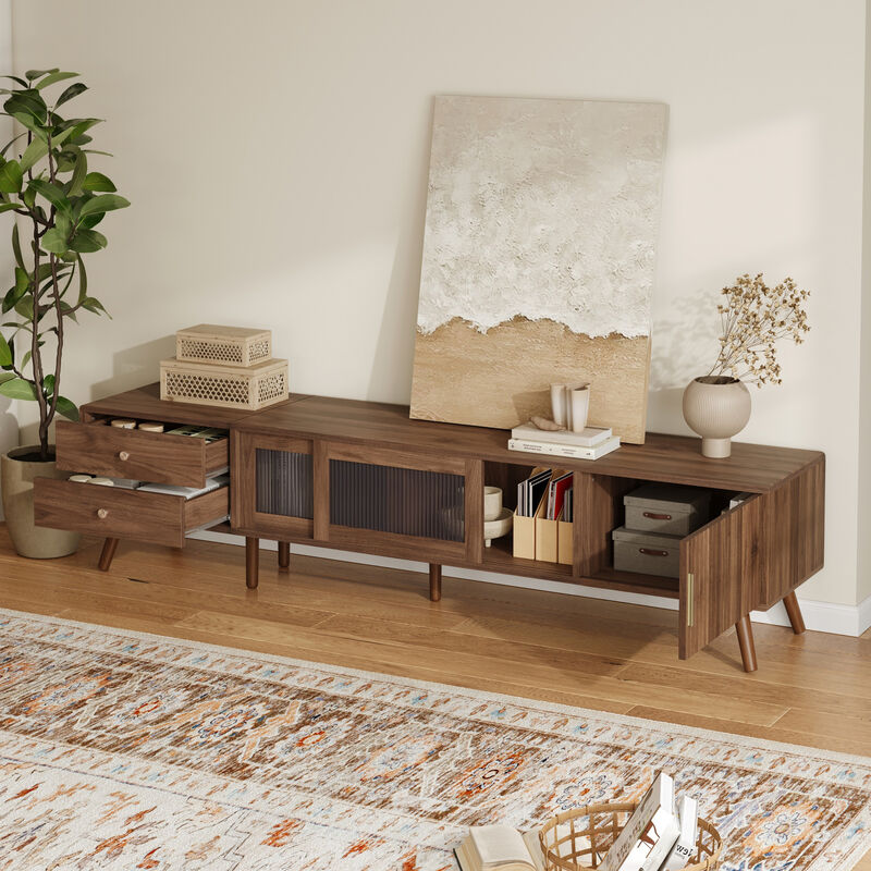 Merax TV Stand with Waveform Glass Doors, 2 Deep Drawers, Striped Texture Cabinets image number 2