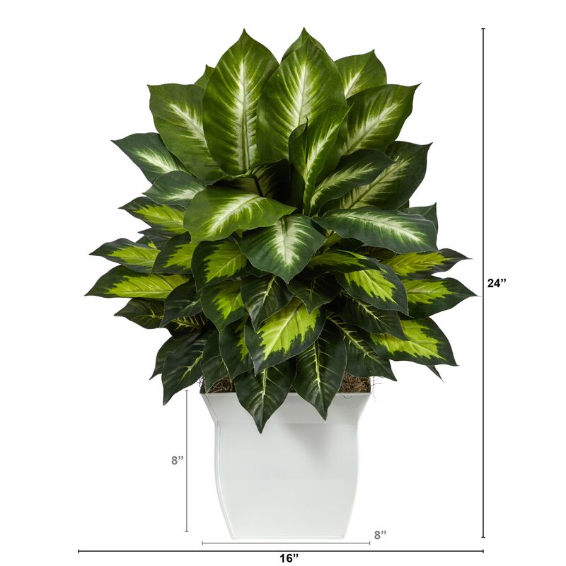 Hivvago 2" Golden Dieffenbachia Artificial Plant in White Metal Planter