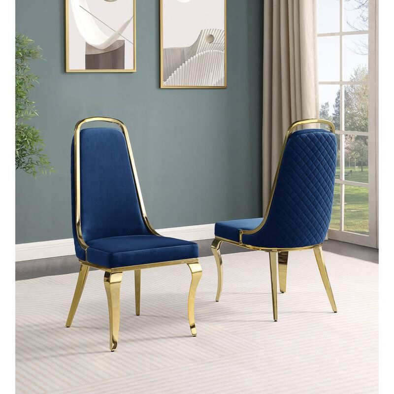 Best Quality Furniture Navy Blue Velvet High Back Chair With Gold Chrome Trim, Set Of 2