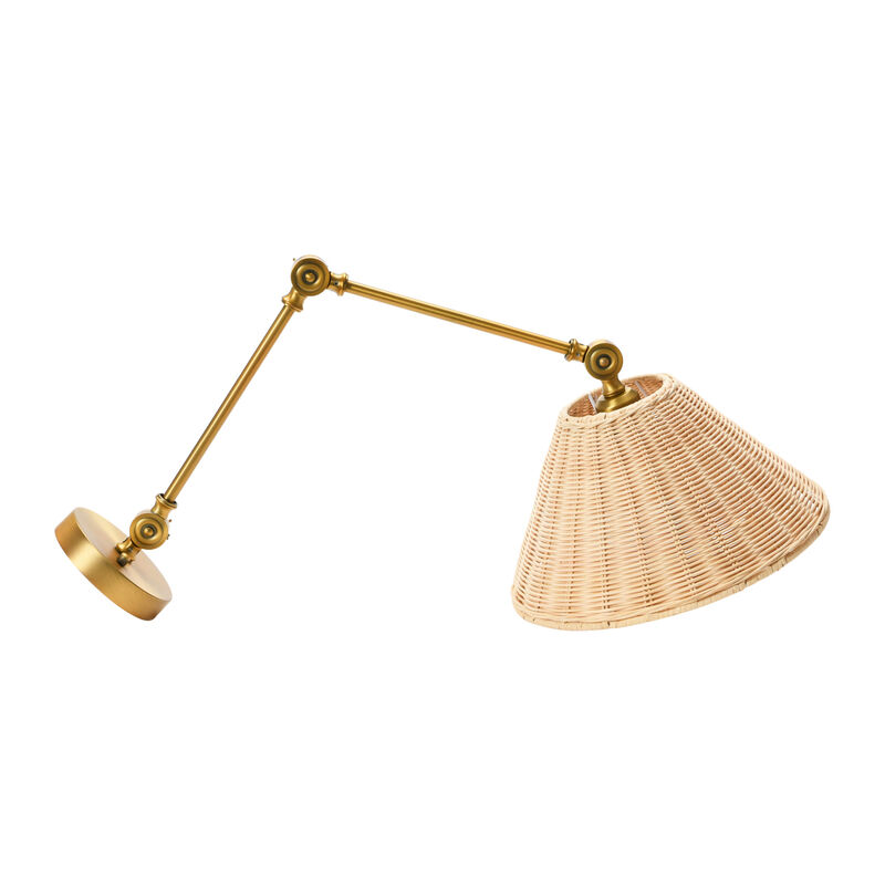 Coastal Adjustable Wall Sconce with Neutral Beige Rattan Shades, Antique Metal Brass Finish image number 0