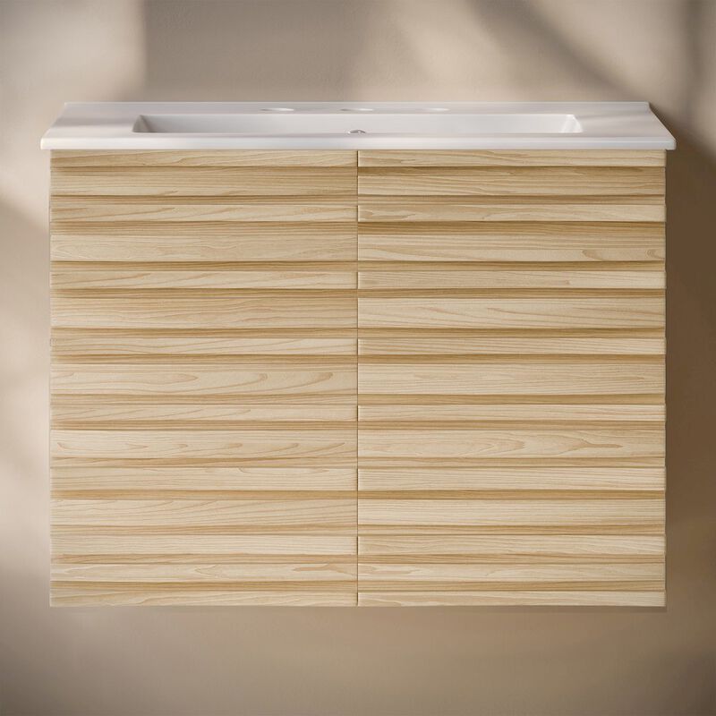 30" Wall-Mounted Bathroom Vanity in Natural Oak with 3-Hole Widespread Sink Top image number 4