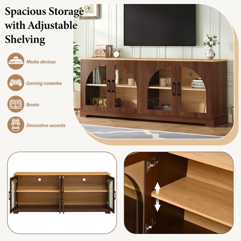 TATEUS Elegant Farmhouse Media Sideboard with Semi-Arched Glass Doors, 70" TV Stand Cable Management image number 3