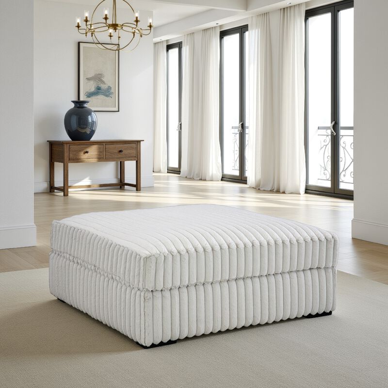 Peno Accent Ottoman, 51 Inch Square, Light Gray Jumbo Cord Polyester - Benzara