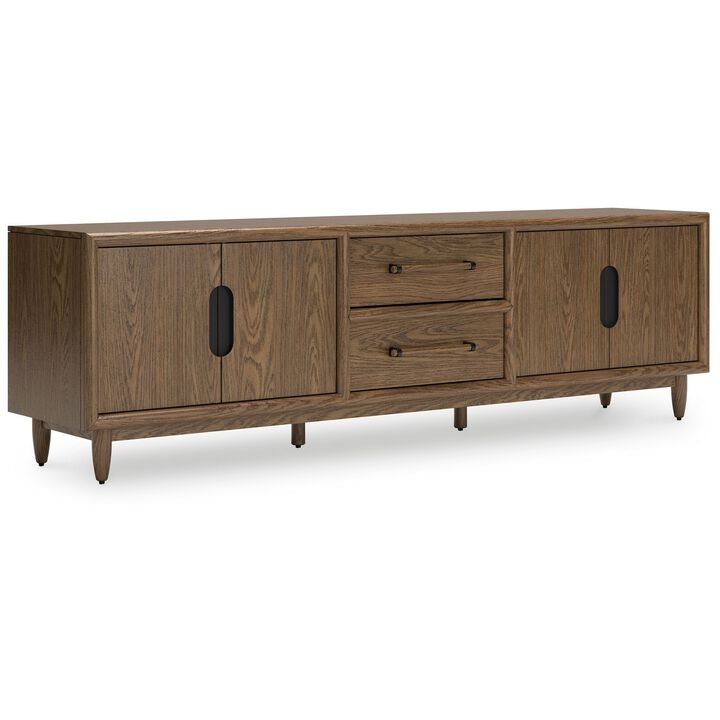Rohan TV Media Console, 2 Drawers, 2 Shelves, Dark Brown Wood, 85 Inch - Benzara