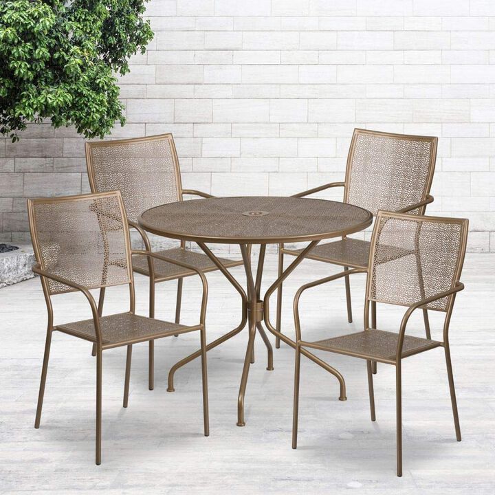 Flash Furniture Oia Commercial Grade 35.25" Round Gold Indoor-Outdoor Steel Patio Table Set with 4 Square Back Chairs