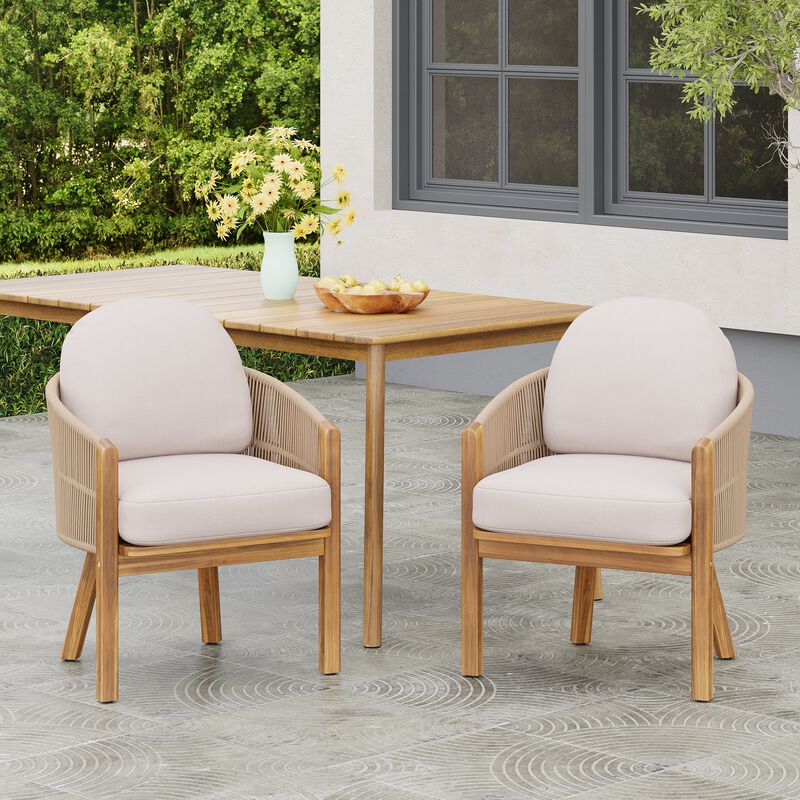 Outdoor Teak Wood Dining Chairs Set of 2, Hand-Woven Rope Armchairs with Removable Cushions image number 1
