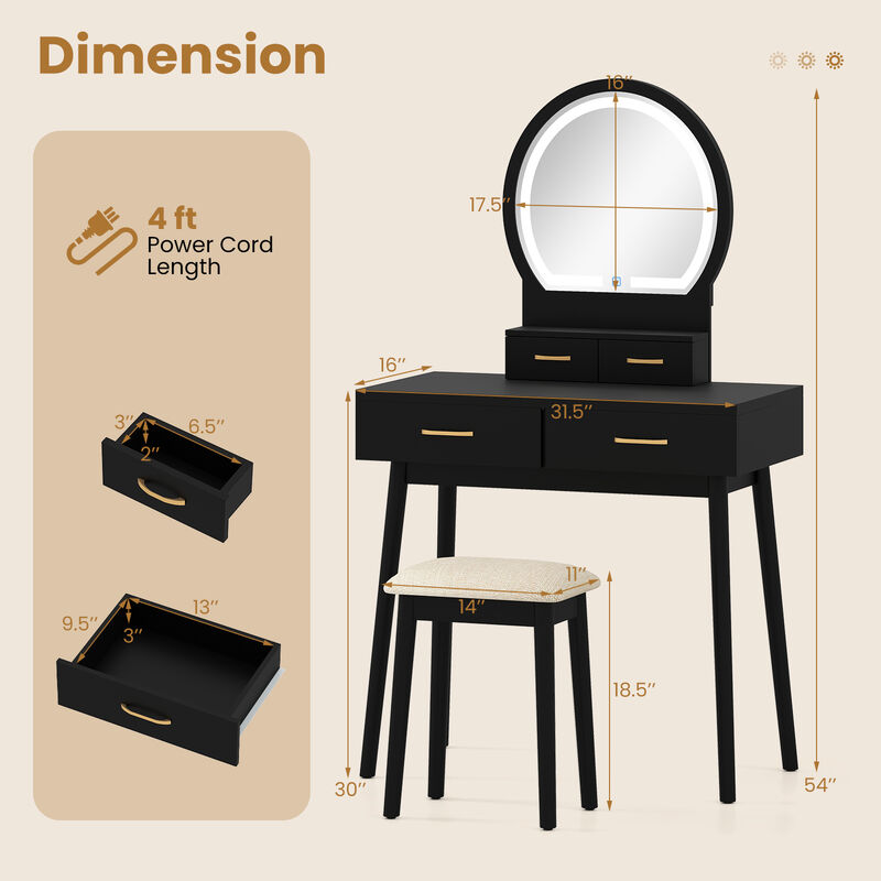 Small Vanity Makeup Dressing Table Set with Cushioned Stool and LED Lighted Mirror
