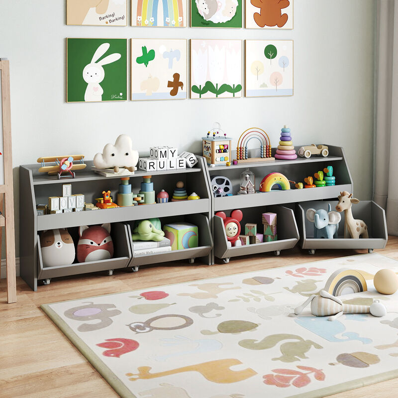 Children Toy Storage Bookcase with 2 Rolling Drawers and Open Shelves image number 1