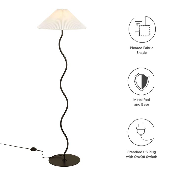 Modway Wave Squiggle Floor Lamp in Black - Modern Ambient Lighting with Pleated Shade - Sturdy Standing Lamp for Living Room, Bedroom, or Office