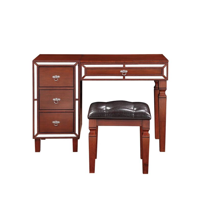 Sosi 47 Inch Vanity Desk Set with Stool, 3 Mirror Inlaid Drawers, Brown-Benzara