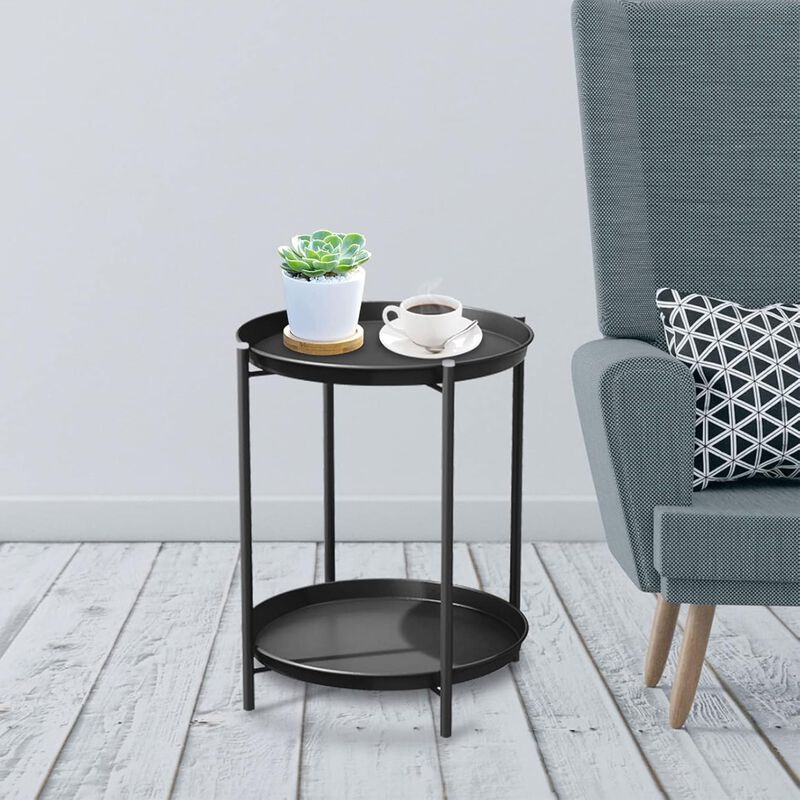 Mondawe Outdoor 2-Tier All-Iron Side Table w/ Powder-Coated Steel Trays, Rust-Resistant Frame