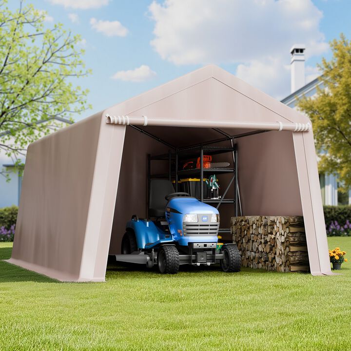 Heavy Duty Outdoor Storage Tent with Roll-Up Door, Waterproof Garage Shelter for Patio & Garden-Beige