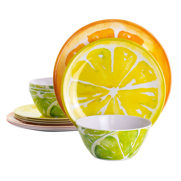 Gibson Home Sunny Citrus 12 Piece Round Melamine Dinnerware Set in Assorted Designs