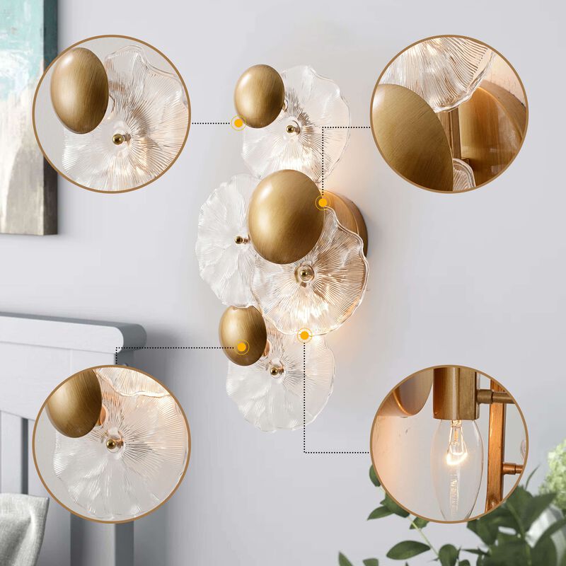 Flora 2-Light Brushed Brass Glass Flower Wall Sconce - 9" W x 16" H x 5.5" D image number 7