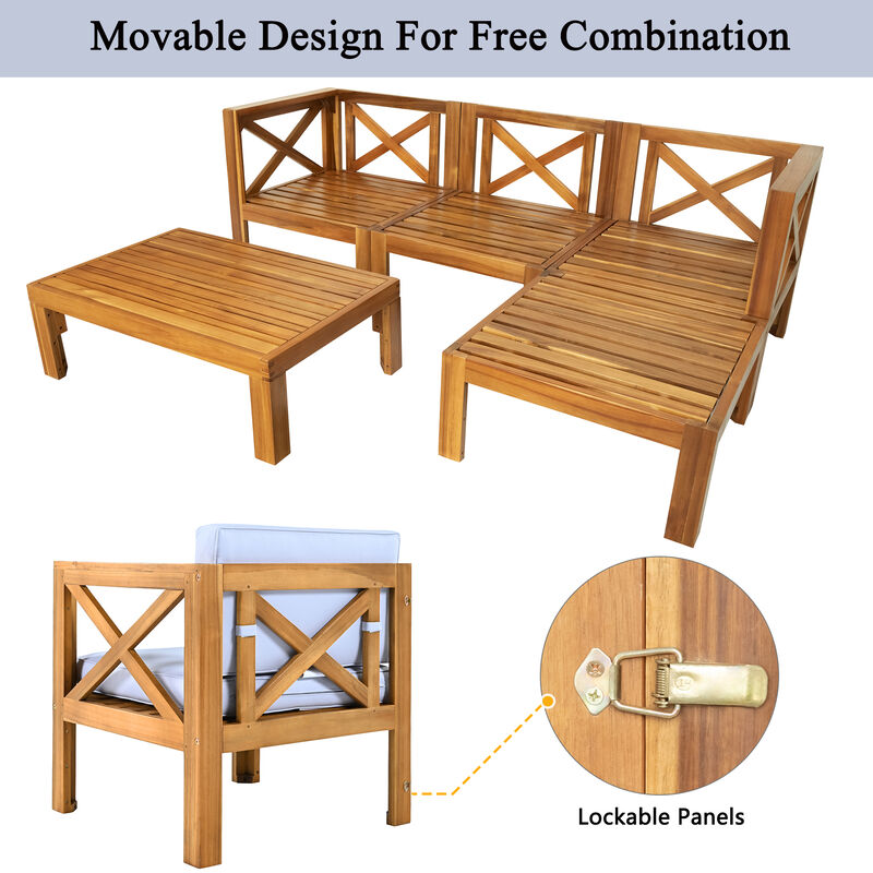 Merax Outdoor Backyard Patio Wood Sectional Sofa Seating Set