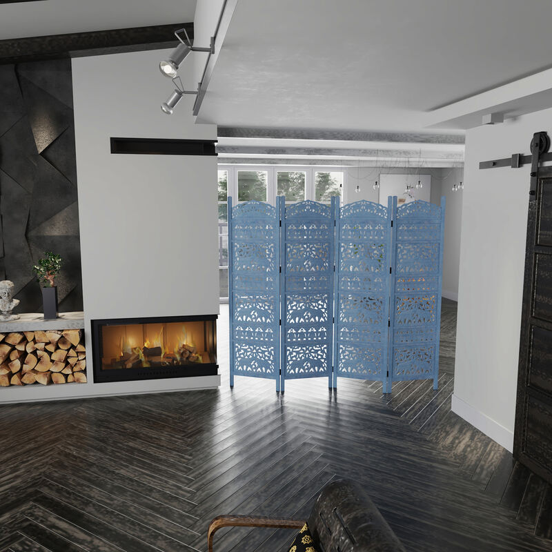 Jumbo 4 Panel Folding Room Divider Screen, Antique Blue Mango Wood, Elephant Motif Carved Design - Benzara