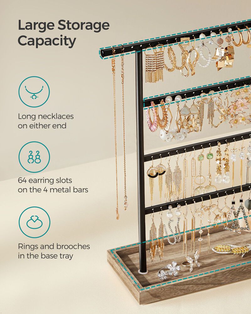 4-Tier Jewelry Stand with Tray Elegant Display for Necklaces, Earrings, and More