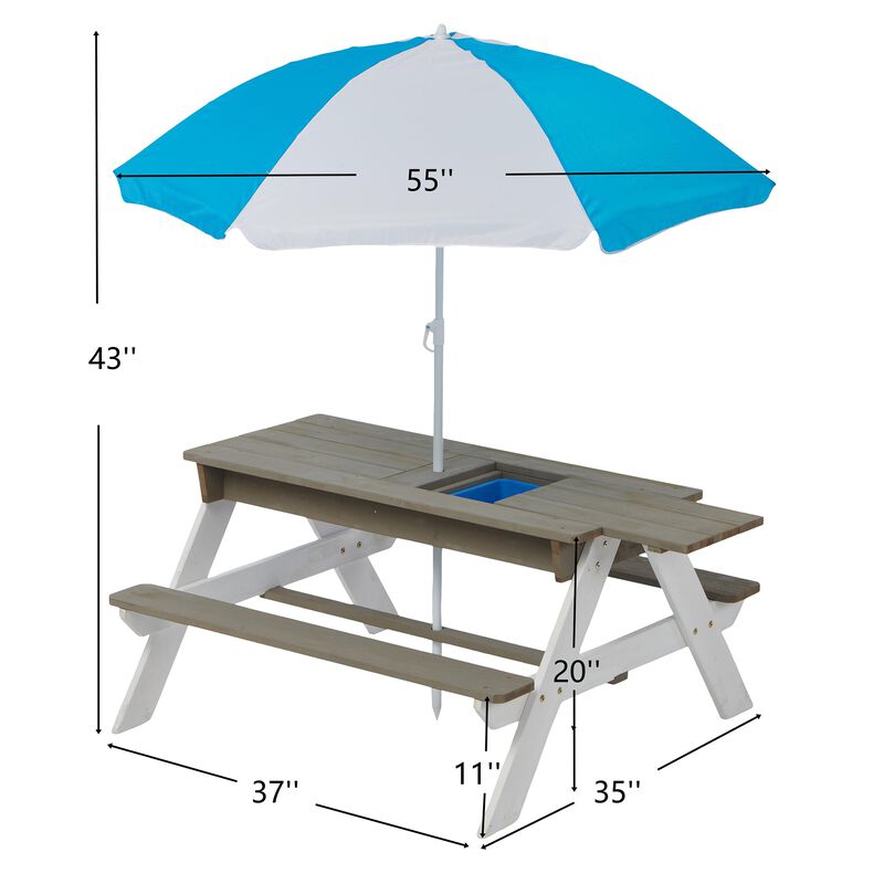 Wooden Kids Picnic Table, Sand and Water Table with Umbrella, Activity Table for Patio Play image number 4