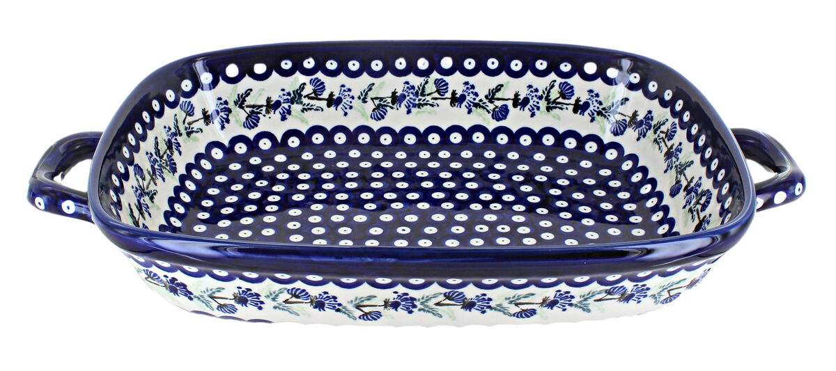 Blue Rose Polish Pottery Cobalt Large Baker With Handles