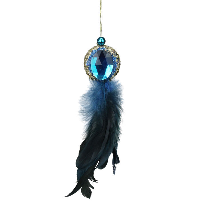 9" Blue and Gold Peacock Feather Jeweled Tassel Christmas Ornament