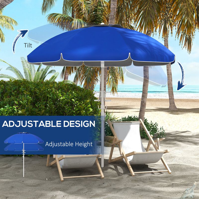 Outsunny 5.7' Portable Beach Umbrella with Tilt, Adjustable Height, 2 Cup Holders, Hook, Ruffled Outdoor Umbrella with Vented Canopy, Blue