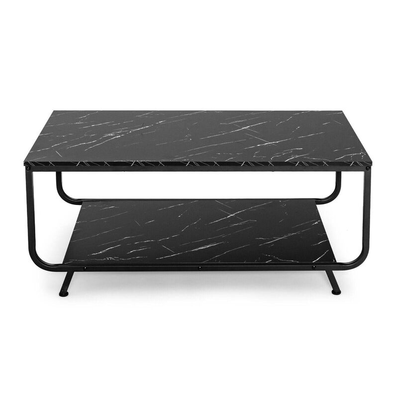 2-Tier Modern Marble Coffee Table with Storage Shelf for Living Room-Black