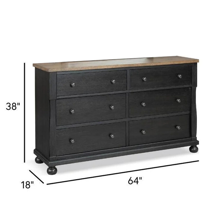 Ginie 64 Inch Dresser, 5 Drawers and Farmhouse Legs, Black Brown Oak