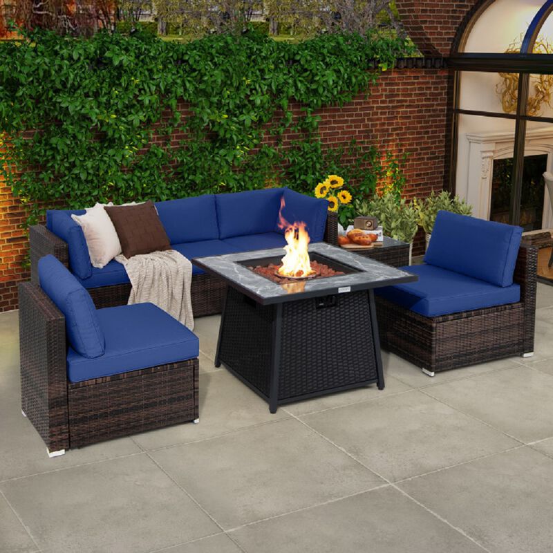 All-Weather Patio Set, 7-Piece Wicker Furniture with Gas Fire Pit Table & Protective Cover