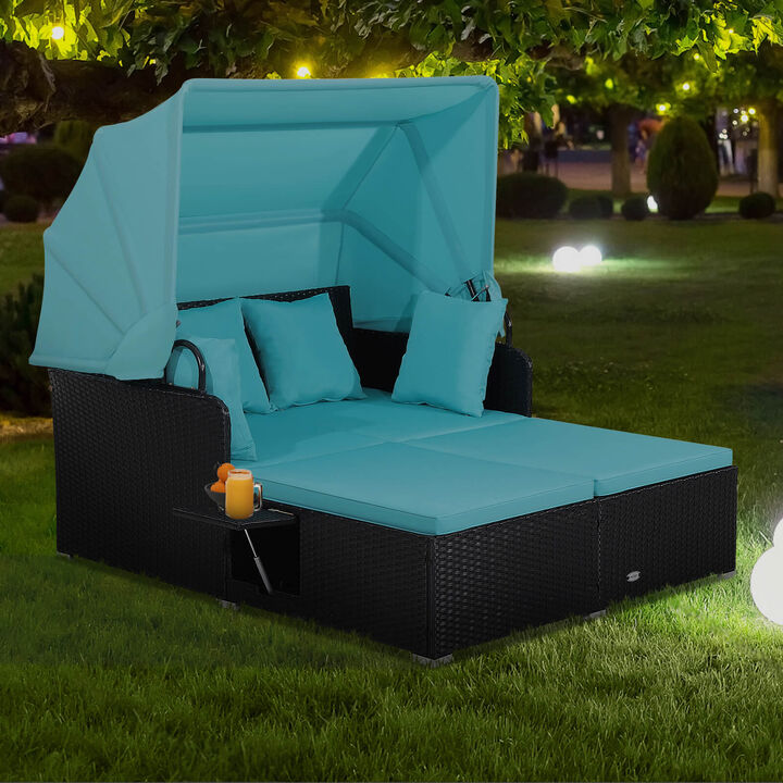 Outdoor Rattan Daybed with Adjustable Canopy and Built-In Side Tables