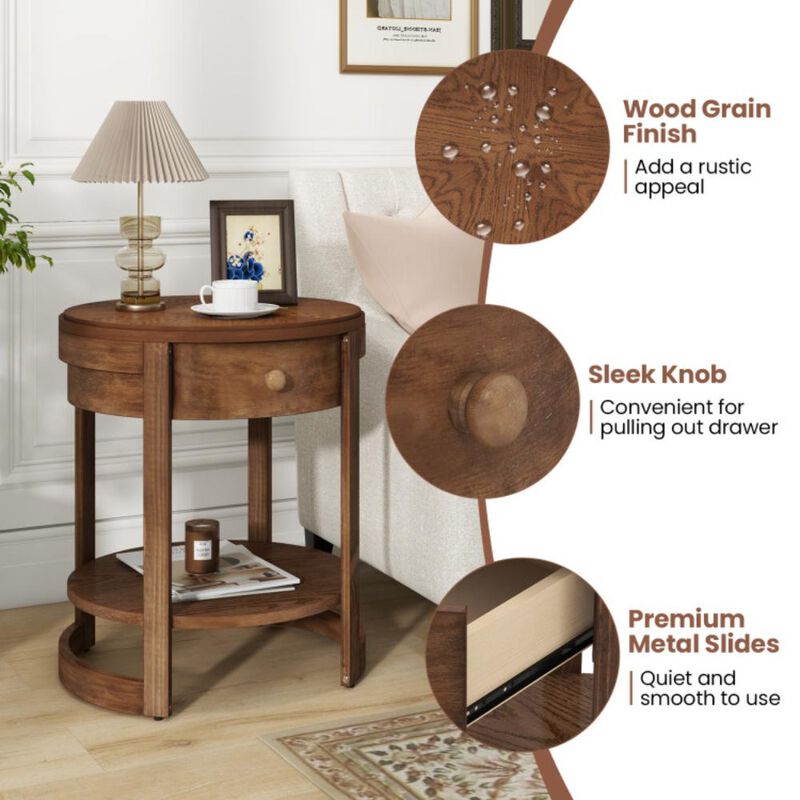 Hivvago 2-Tier Round End Table Mid Century Modern Nightstand with Drawer and Shelf